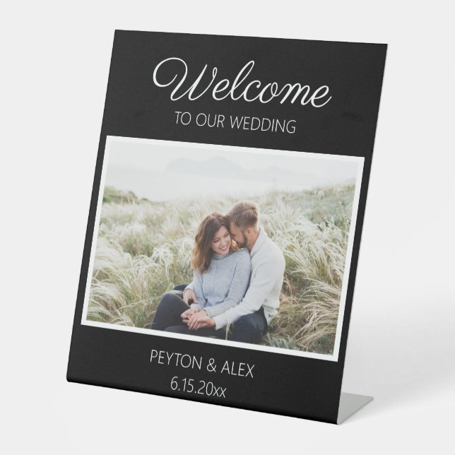 Schwarz-weißes Begrüßungsdatum des Fotos Sockelschild (Vorderseite)