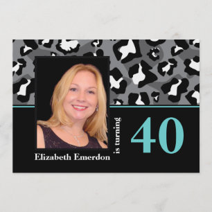 Schwarz-weißes blaues Leopard-Foto zum 40. Geburts Einladung