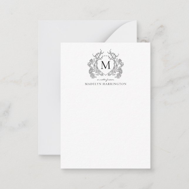 Schwarz-weißes blorales Vintages Wappen Monogramm Mitteilungskarte (Vorderseite)