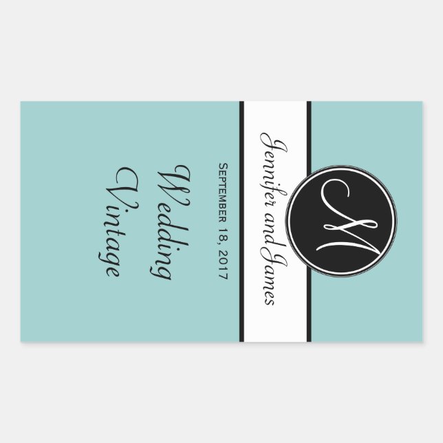 Schwarz-weißes Blue Monogram Wedding Wine Label Rechteckiger Aufkleber (Vorderseite)