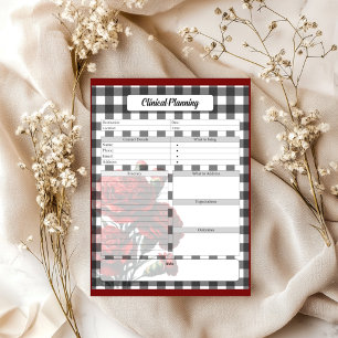 Schwarz-weißes Blumen-Gingham _ Klinische Planung Notizblock