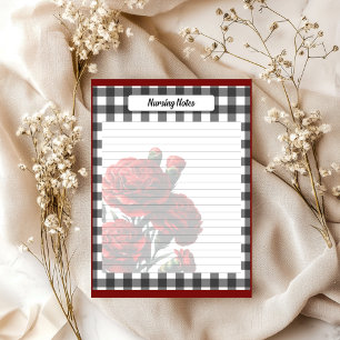 Schwarz-weißes Blumen-Gingham _ Pflegedokumentatio Notizblock