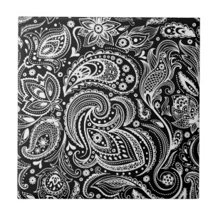 Schwarz-weißes Blumen-Paisley-Muster Fliese
