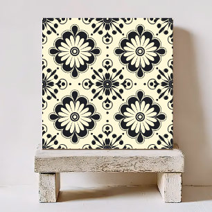 SCHWARZ-WEIßES BLUMEN-VINTAGE-MUSTER FLIESE