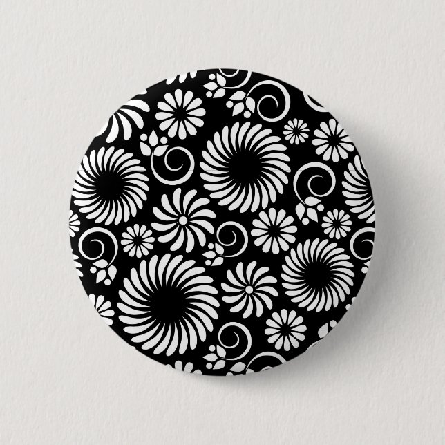 schwarz-weißes Blumenknopflochmuster-Knopf Button (Vorderseite)