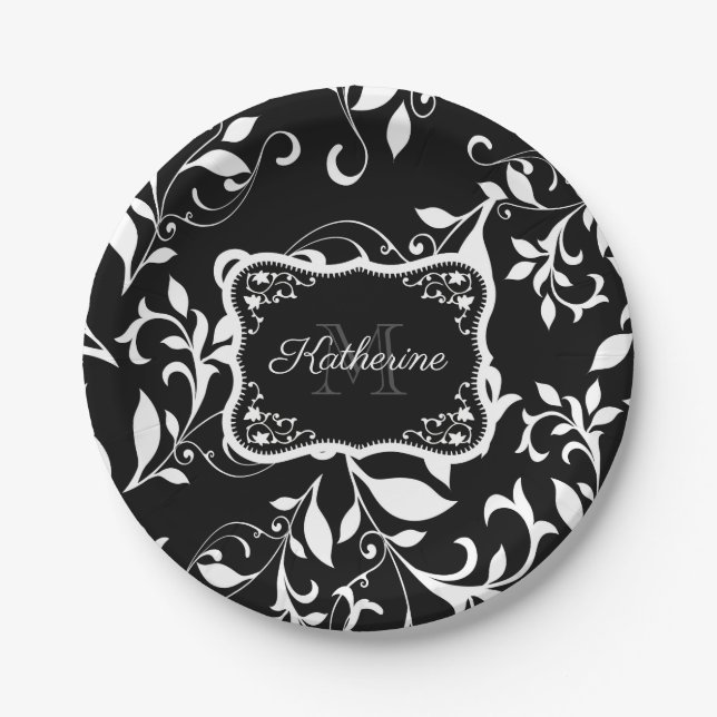 Schwarz-weißes Blumenmuster Pappteller (Vorderseite)