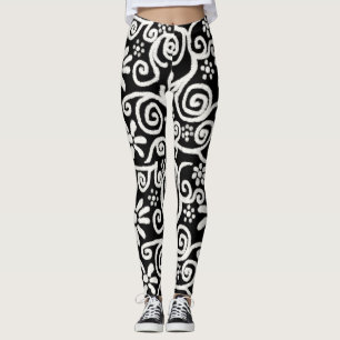 Schwarz-weißes Blumenmuster und Wirbel Blume Blume Leggings