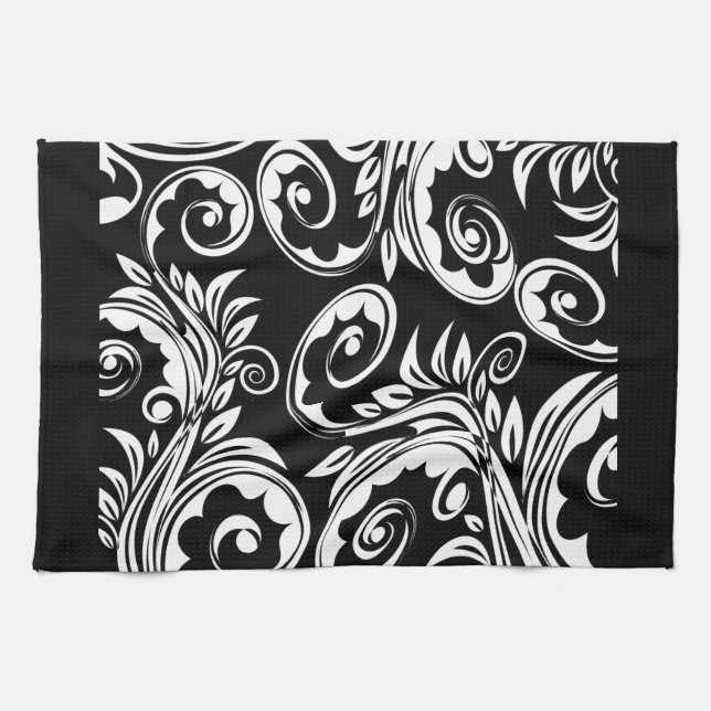 Schwarz-weißes Blumenpaisley-Muster Handtuch (Horizontal)