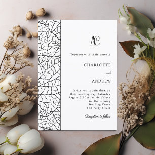 Schwarz-weißes botanisches Monogramm-Hochzeit Einladung