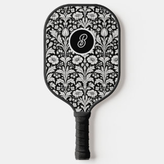 Schwarz-weißes botanisches Monogramm Pickleball Schläger