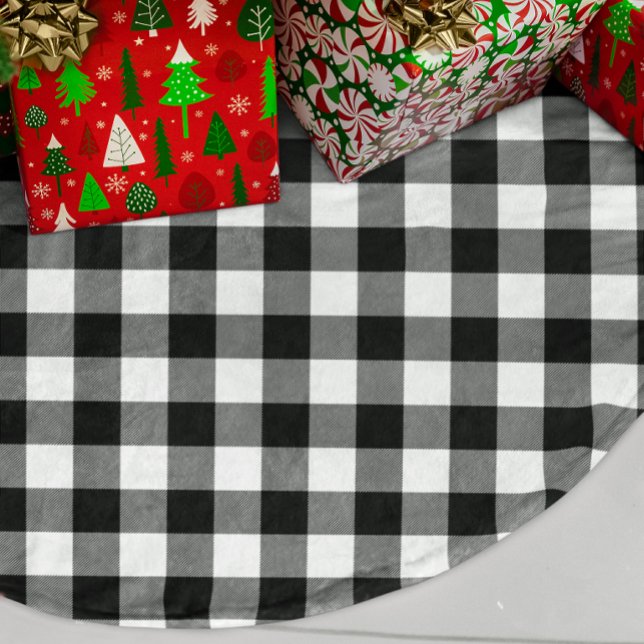 Schwarz-weißes Büffel-Karo-Muster Leinenimitat Weihnachtsbaumdecke (Black and White Buffalo Plaid Pattern Faux Linen Tree Skirt)