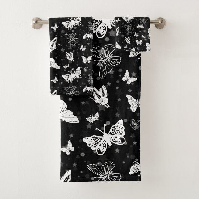 Schwarz-weißes Butterfly-Illustrations-Muster Badhandtuch Set (Insitu)