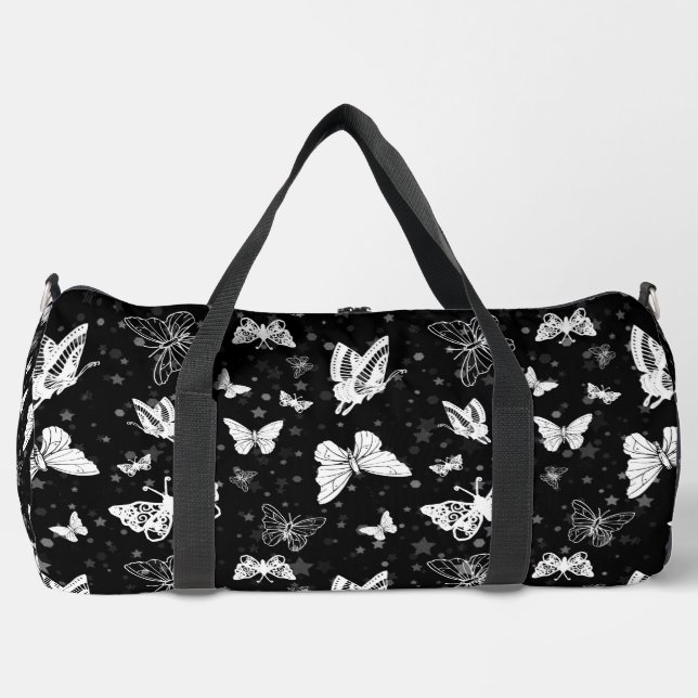 Schwarz-weißes Butterfly-Illustrations-Muster Duffle Bag (Vorderseite)