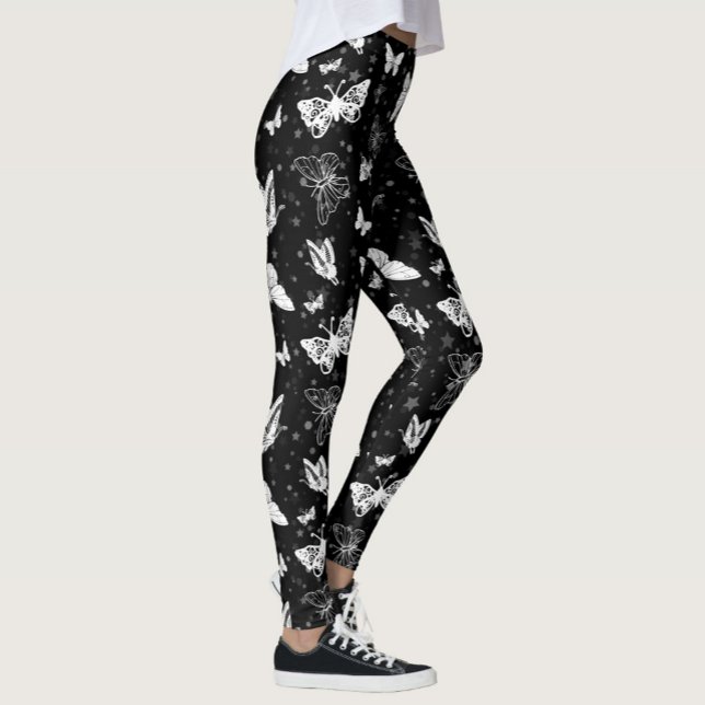 Schwarz-weißes Butterfly-Illustrations-Muster Leggings (Von Creator hochgeladen)