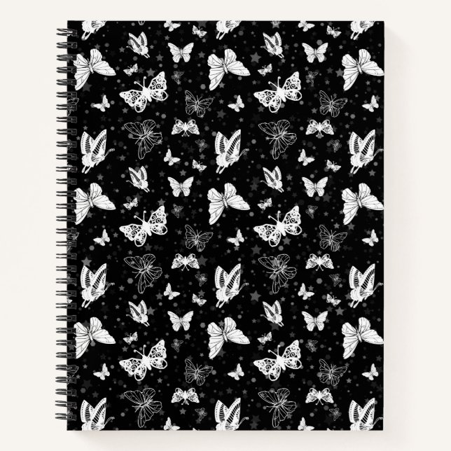 Schwarz-weißes Butterfly-Illustrations-Muster Notizbuch (Vorderseite)
