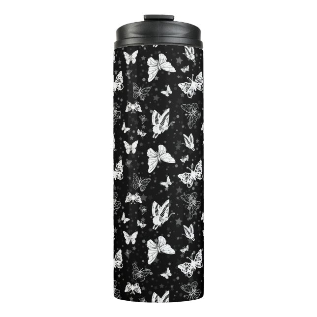 Schwarz-weißes Butterfly-Illustrations-Muster Thermosbecher (Vorderseite)