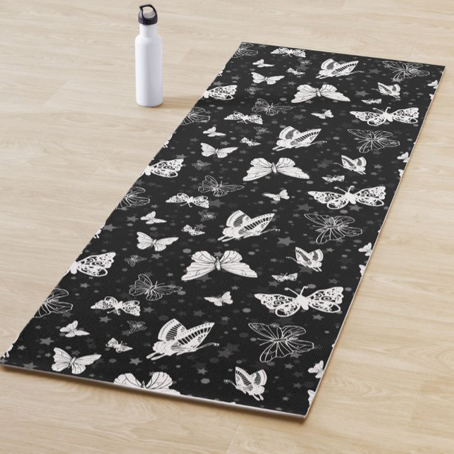 Schwarz-weißes Butterfly-Illustrations-Muster Yogamatte (Von Creator hochgeladen)