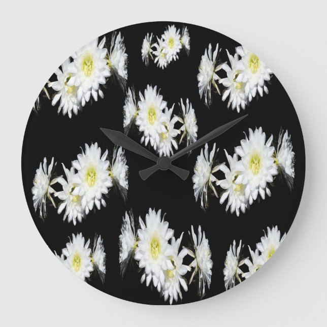 Schwarz-weißes Cacti-Blume-Muster, große Wall-Uhr Wanduhr (Vorderseite)