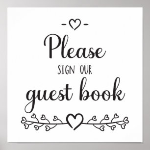 Schwarz-weißes Calligraphy Hearts Wedding Guest Bo Poster