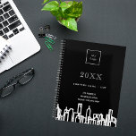 Schwarz-weißes City-Skyline-Logo für moderne Unter Planer<br><div class="desc">Schwarzer Hintergrund mit einer modernen,  abstrakten,  weißen Skyline der Stadt. Personalisieren Sie Ihr Firmenlogo,  Ihren Namen und Ihre Kontaktinformationen. Ideal für echte Anwesen-Agent,  Hausreiniger,  Hausmeister und Baufirmen!</div>