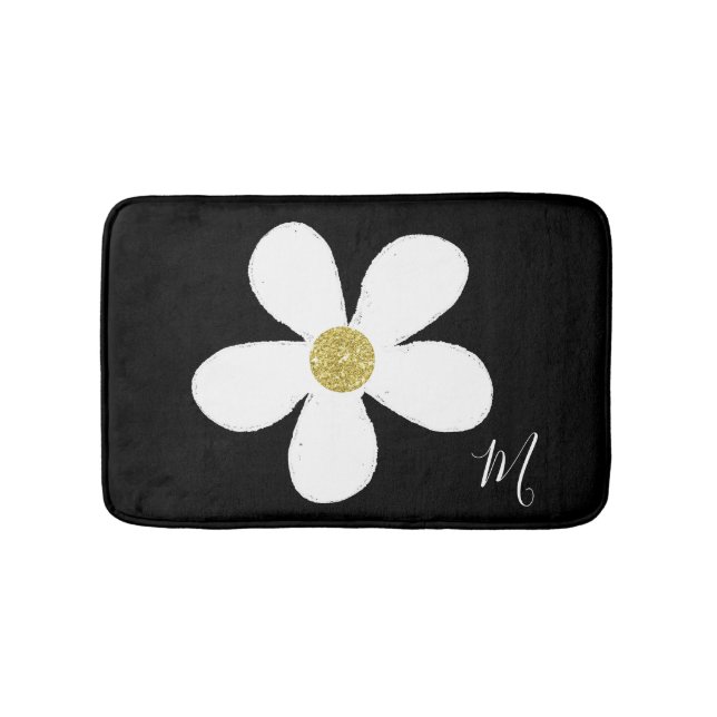 Schwarz-weißes Daisy Simple Floral Gold Badematte (Vorderseite)
