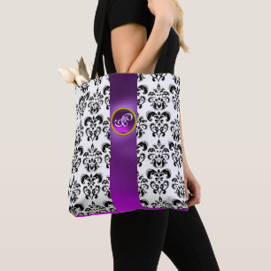 Schwarz-weißes DAMASK-FLORAL, LILA GEM-MONOGRAMM