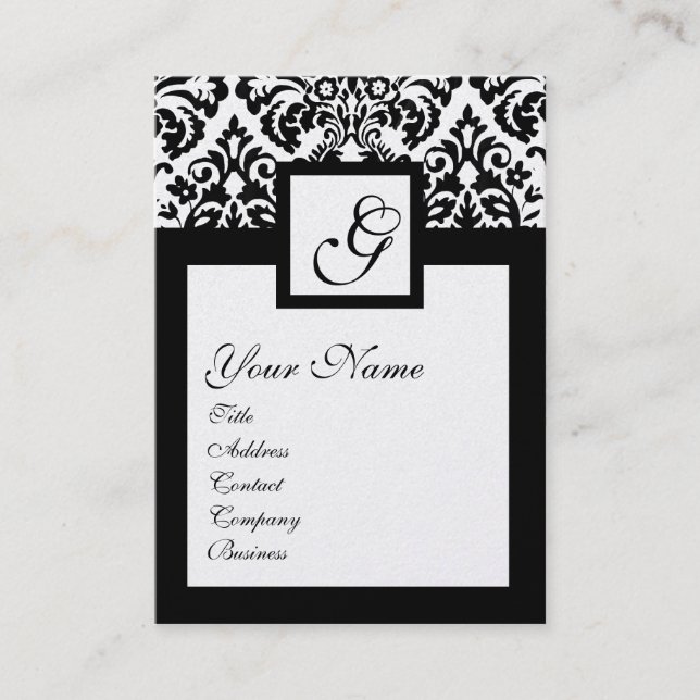 SCHWARZ-WEISSES DAMASK FLORAL SQUARE MONOGRAM Meta Visitenkarte (Vorderseite)