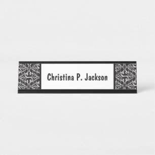 Schwarz-weißes Damask Muster Extravagante Scrolls Schreibtischnamensplakette