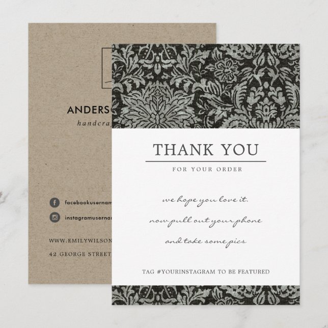 SCHWARZ-WEISSES DAMASK PATTERN CORPORATE Business  Dankeskarte (Vorne/Hinten)