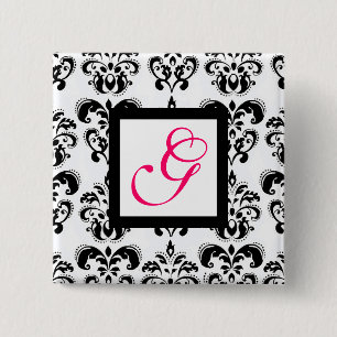 SCHWARZ-WEISSES DAMASK SQUARE PINK FUCHSIA MONOGRA BUTTON