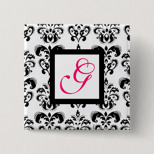 SCHWARZ-WEISSES DAMASK SQUARE PINK FUCHSIA MONOGRA BUTTON