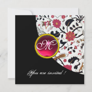 SCHWARZ-WEIßES DAMAST-MONOGRAMM, roter Rubin, Einladung