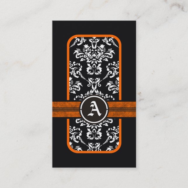 Schwarz-weißes Damastorange-Monogramm Visitenkarte (Vorderseite)