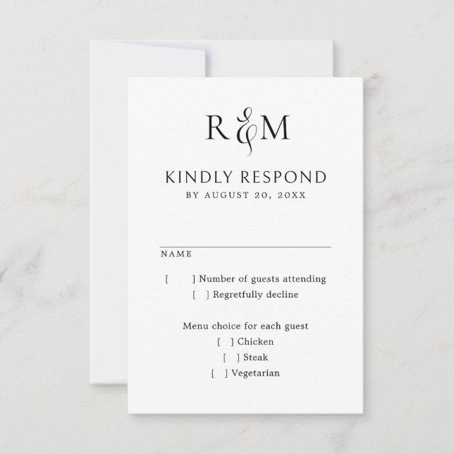 Schwarz-weißes einfaches Monogramm-Hochzeitprogram RSVP Karte (Vorderseite)