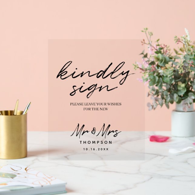 Schwarz-weißes einfaches Skript-Gästebuchsignatur Acrylschild (Hochzeit)