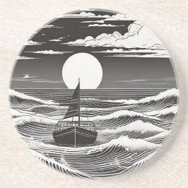 Schwarz-weißes einsames Boot in Schwierigkeiten au Getränkeuntersetzer