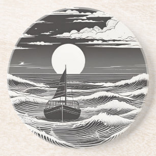 Schwarz-weißes einsames Boot in Schwierigkeiten au Getränkeuntersetzer