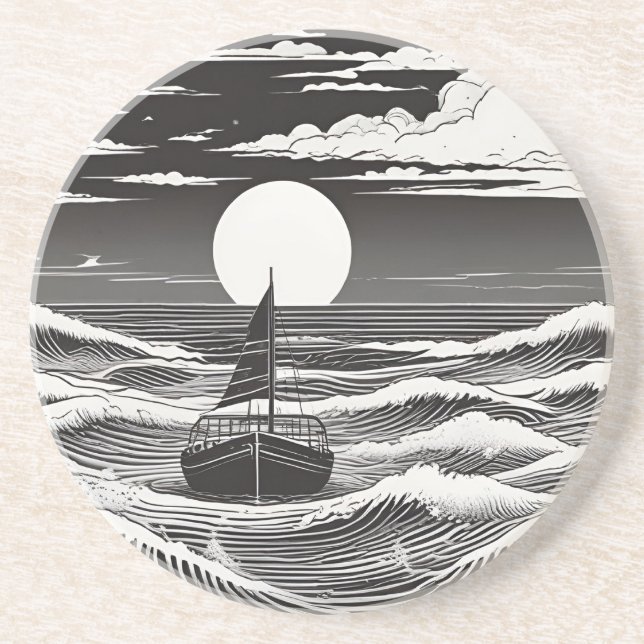 Schwarz-weißes einsames Boot in Schwierigkeiten au Getränkeuntersetzer (Vorne)