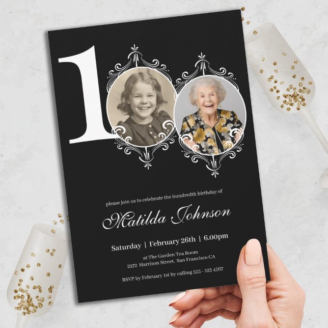 Schwarz-weißes elegantes Foto 100. Geburtstag Einladung (100th Birthday Elegant Black White Custom Photo Invitation)