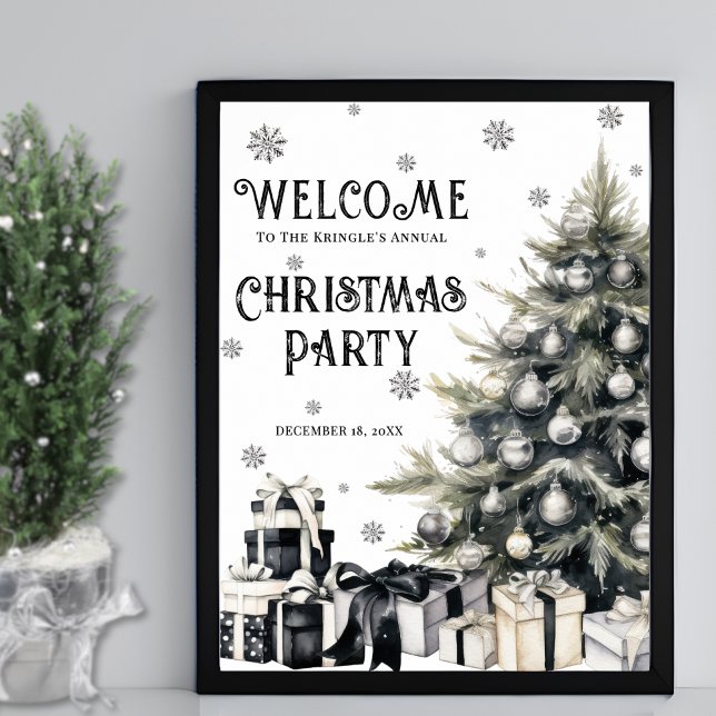 Schwarz-weißes elegantes Party Willkommen Poster (Black White Elegant Christmas Party Welcome Poster)