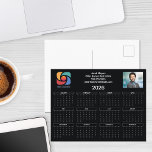Schwarz-weißes Firmenlogo 2026 Kalender Postkarte<br><div class="desc">Diese schwarz-weiße Visitenkarte ist nach Ihren Wünschen mit Ihrem beruflichen Firmennamen und den Kontaktdaten Ihres Büros in Schwarz und Weiß gestaltet. Diese eleganten Kalender-Postkarten verfügen über Ihr Logo auf der einen Seite der Oberseite und personalisiertes berufliches Foto auf der anderen Seite. Gegenwartiges Marketing für ein Unternehmen im Jahr 2026.</div>
