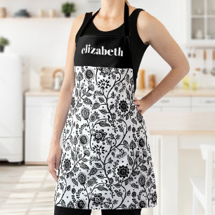 Schwarz-weißes florales botanisches Boho-Name fett Schürze