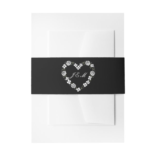 Schwarz-weißes florales Herz-Monogramm Hochzeit Einladungsbanderole (Vorderseite Beispiel)