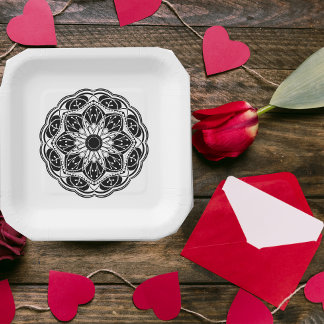 Schwarz-weißes florales Mandala-Quadrat Pappteller