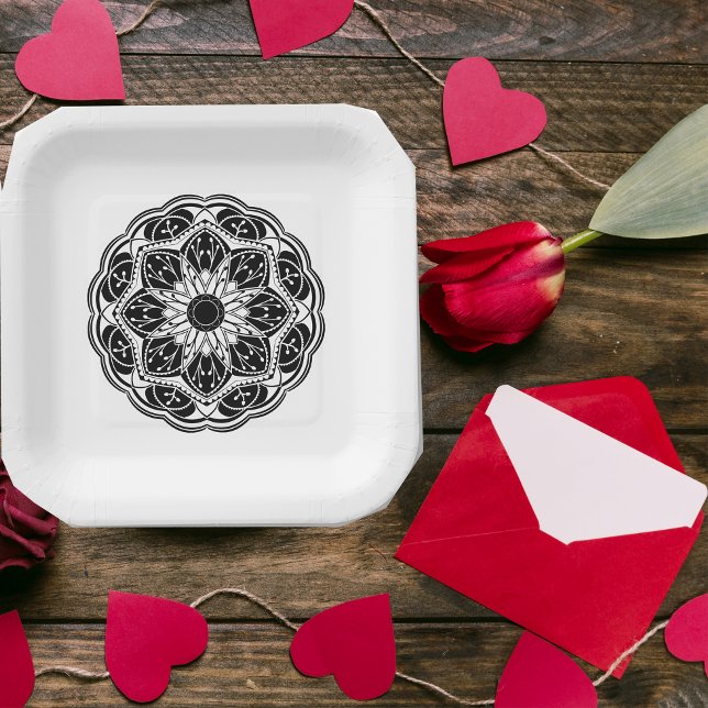 Schwarz-weißes florales Mandala-Quadrat Pappteller (Von Creator hochgeladen)