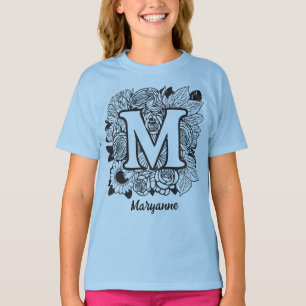 Schwarz-weißes florales Monogramm Buchstabe M T-Shirt