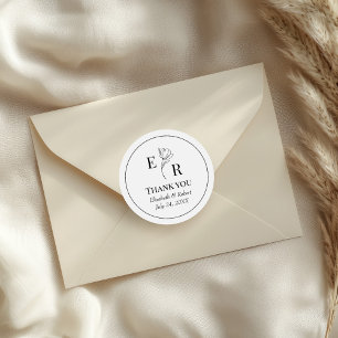 Schwarz-weißes florales Monogramm Hochzeit Danke Runder Aufkleber