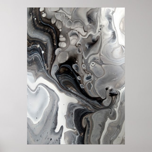 Schwarz-weißes Fluid Abstrakt Grau Silber Poster (Vorne)