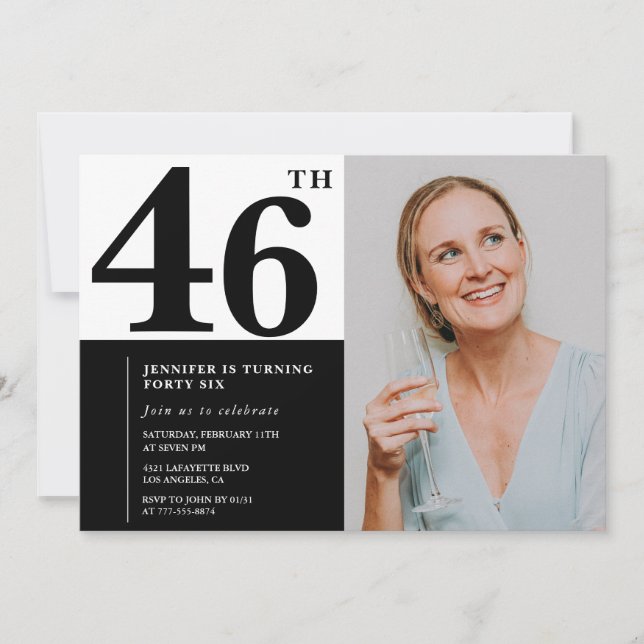 Schwarz-weißes Foto 46. Geburtstag Einladungen (Vorderseite)
