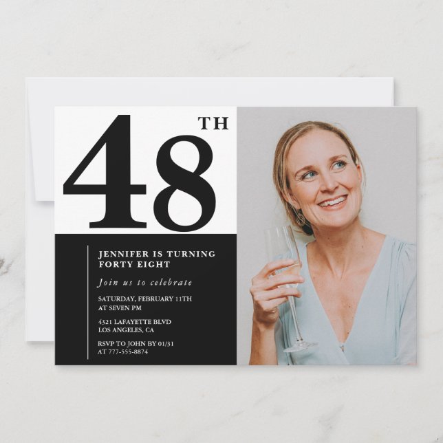 Schwarz-weißes Foto 48. Geburtstag Einladungen (Vorderseite)